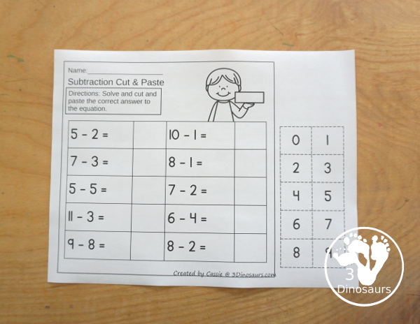 Free Subtraction Cut & Paste Worksheet - 4 worksheets with subtraction from 9 to 0 answers with numbers from 1 to 10. You have cut and paste the answers to the subtraction problems - 3Dinosaurs.com