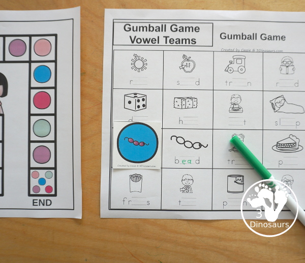 Free Candy Jar Vowel Team Game: AI, AY, EA, EE, & EI - with gameboard, gumball cards with vowel team word pictures, vowel team sorting mats and vowel team recording worksheet to go with sorting and game. - 3Dinosaurs.com