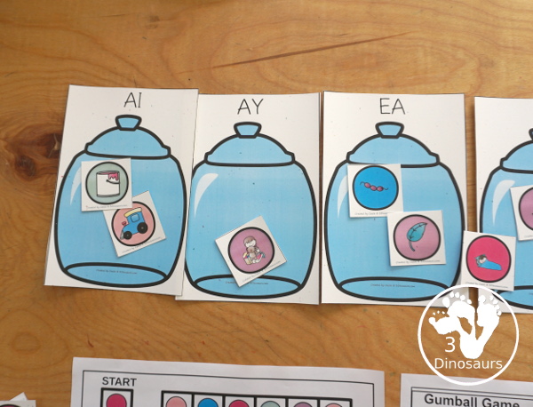 Free Candy Jar Vowel Team Game: AI, AY, EA, EE, & EI - with gameboard, gumball cards with vowel team word pictures, vowel team sorting mats and vowel team recording worksheet to go with sorting and game. - 3Dinosaurs.com