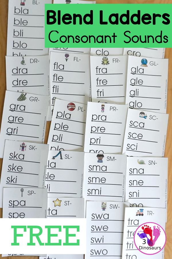 Free Blend Word Ladders: Beginning Sounds consonant blends: bl, br, cl, cr, dr, fl, fr, gl, gr, pl, pr, sc, sk, sl, sm, sn, sp, st, sw, & tr - 3Dinosaurs.com