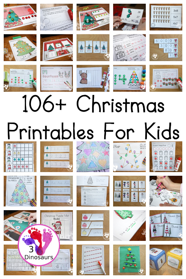 106+ Christmas Printables for Kids - with 15 Christmas themed packs, learning to read, ABCs, prewriting, math, numbers, shapes, countdown to Christmas and more - 3Dinosaurs.com #christmasprintables #printablesforkids #handsonlearning #noprepprintable