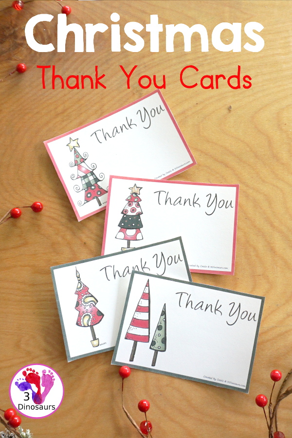 Free Christmas Thank You Notes Printable - fun Christmas tree themed thank you cards that you can use during the holidays - 3Dinosaurs.com