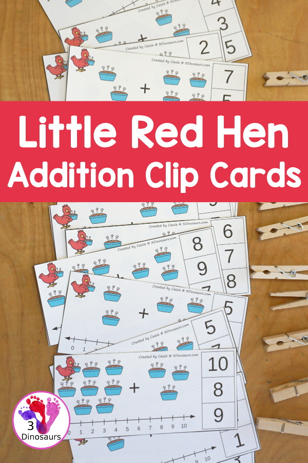 Free Little Red Hen Addition Clip Card Printables: Addition 1 to 10 - with addition with loaves of bread and clip the answers on the side with a number line below to help with the addition. - 3Dinosaurs.com