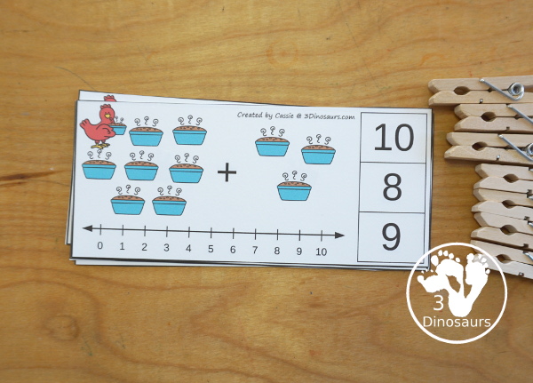 Free Little Red Hen Addition Clip Card Printables: Addition 1 to 10 - with addition with loaves of bread and clip the answers on the side with a number line below to help with the addition. - 3Dinosaurs.com