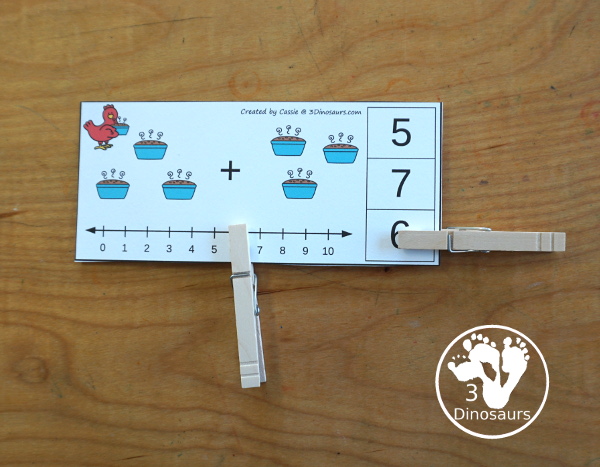 Free Little Red Hen Addition Clip Card Printables: Addition 1 to 10 - with addition with loaves of bread and clip the answers on the side with a number line below to help with the addition. - 3Dinosaurs.com