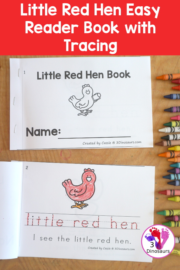 Free Little Red Hen Easy Reader Book with Tracing has a fun 8 page book with different words from the story for kids to trace the word and then read the sentence for the word. A super simple easy reader book for kids. - 3Dinosaurs.com