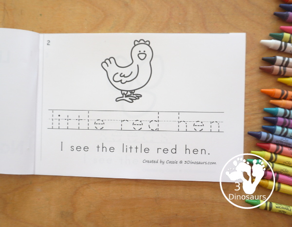 Free Little Red Hen Easy Reader Book with Tracing has a fun 8 page book with different words from the story for kids to trace the word and then read the sentence for the word. A super simple easy reader book for kids. - 3Dinosaurs.com