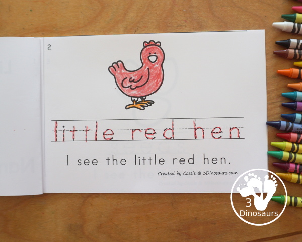 Free Little Red Hen Easy Reader Book with Tracing has a fun 8 page book with different words from the story for kids to trace the word and then read the sentence for the word. A super simple easy reader book for kids. - 3Dinosaurs.com