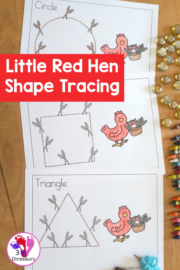 Free Little Red Hen Shape Tracing Printable with 9 shapes for kids to trace with a wheat and little red hen theme. Only one shape on each page -  3Dinosaurs.com