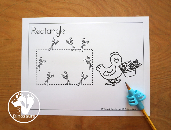 Free Little Red Hen Shape Tracing Printable with 9 shapes for kids to trace with a wheat and little red hen theme. Only one shape on each page -  3Dinosaurs.com