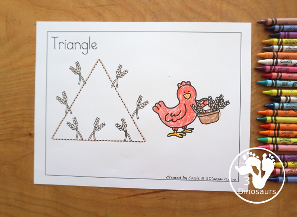 Free Little Red Hen Shape Tracing Printable with 9 shapes for kids to trace with a wheat and little red hen theme. Only one shape on each page -  3Dinosaurs.com