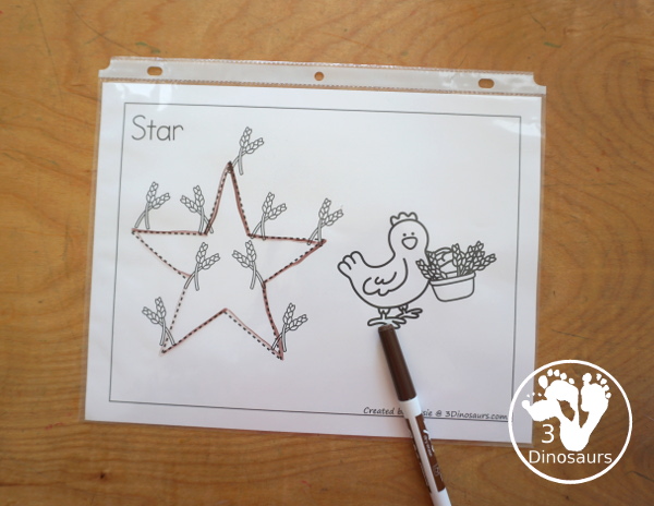 Free Little Red Hen Shape Tracing Printable with 9 shapes for kids to trace with a wheat and little red hen theme. Only one shape on each page -  3Dinosaurs.com