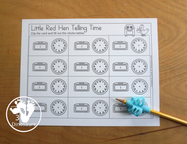 Free Little Red Hen Telling Time Clip Card Printables - you have 12 hourly clip cards to work on telling time with a little red hen theme with a recording sheet for the clip cards.- 3Dinosaurs.com