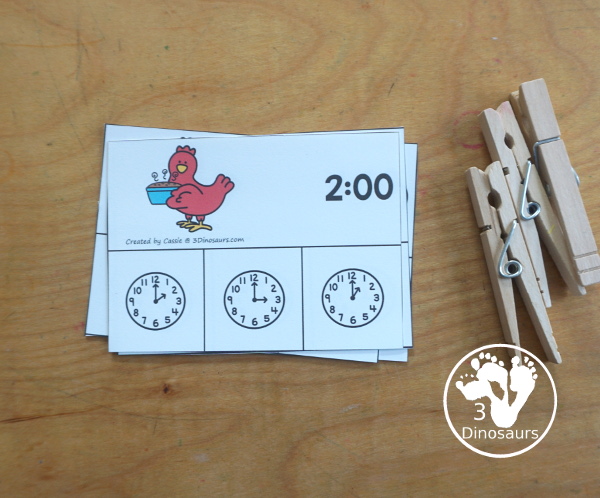 Free Little Red Hen Telling Time Clip Card Printables - you have 12 hourly clip cards to work on telling time with a little red hen theme with a recording sheet for the clip cards.- 3Dinosaurs.com