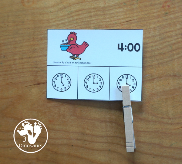 Free Little Red Hen Telling Time Clip Card Printables - you have 12 hourly clip cards to work on telling time with a little red hen theme with a recording sheet for the clip cards.- 3Dinosaurs.com