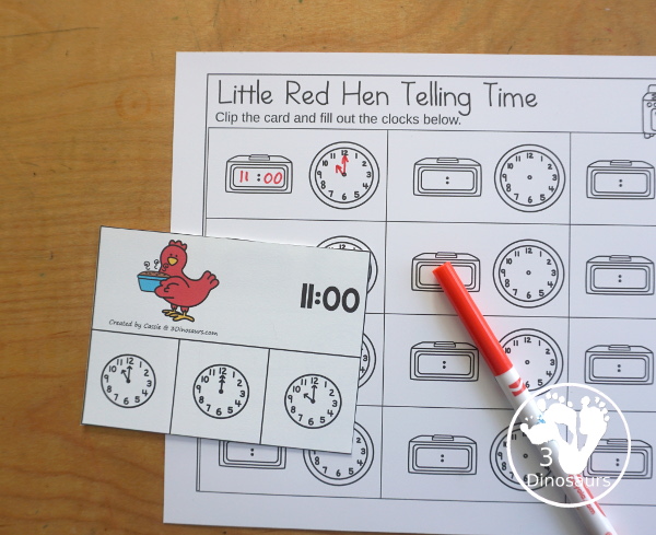 Free Little Red Hen Telling Time Clip Card Printables - you have 12 hourly clip cards to work on telling time with a little red hen theme with a recording sheet for the clip cards.- 3Dinosaurs.com