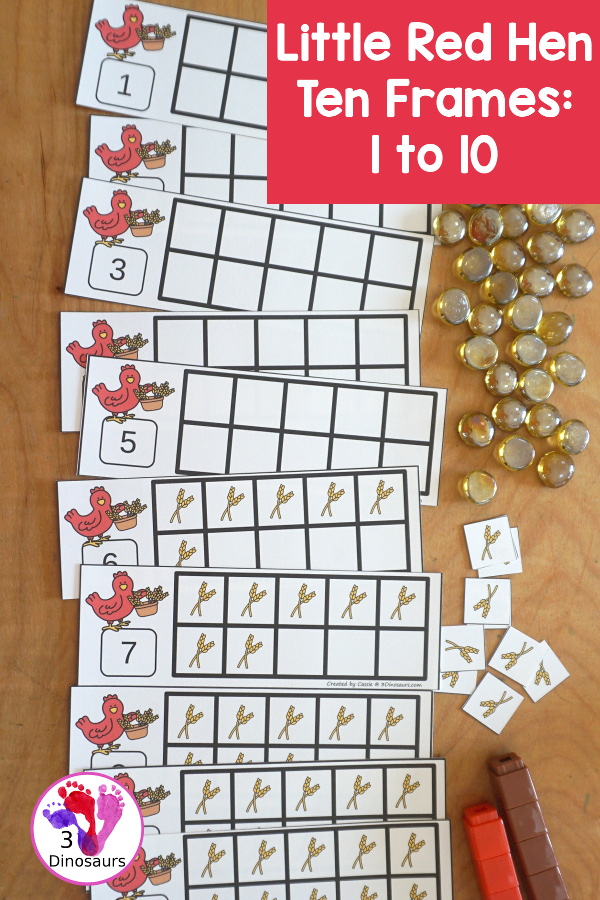 Free What Ten Frame Printables for The Little Red Hen has numbers 1 to 10. You have two sets of ten frames cards. You have one with the ten frame filled out and one with the ten frame blank. It has a gathering wheat theme - 3Dinosaurs.com