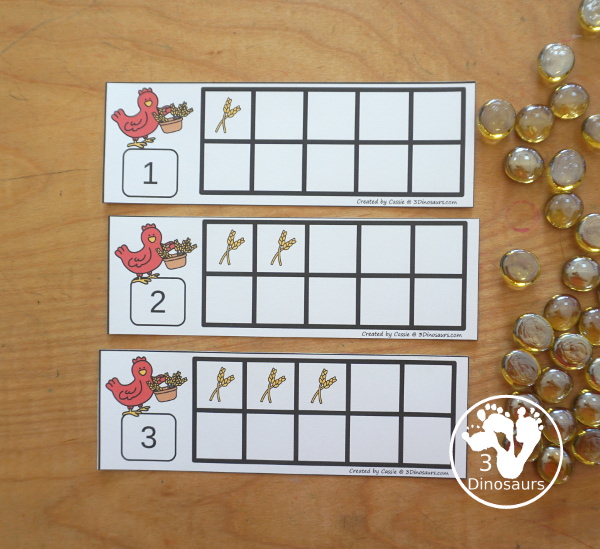 Free What Ten Frame Printables for The Little Red Hen has numbers 1 to 10. You have two sets of ten frames cards. You have one with the ten frame filled out and one with the ten frame blank. It has a gathering wheat theme - 3Dinosaurs.com