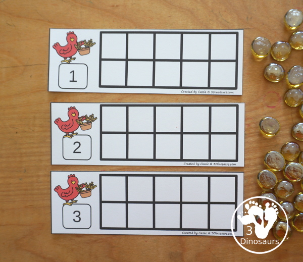 Free What Ten Frame Printables for The Little Red Hen has numbers 1 to 10. You have two sets of ten frames cards. You have one with the ten frame filled out and one with the ten frame blank. It has a gathering wheat theme - 3Dinosaurs.com