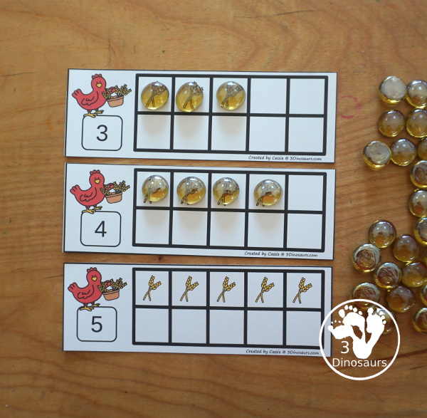 Free What Ten Frame Printables for The Little Red Hen has numbers 1 to 10. You have two sets of ten frames cards. You have one with the ten frame filled out and one with the ten frame blank. It has a gathering wheat theme - 3Dinosaurs.com