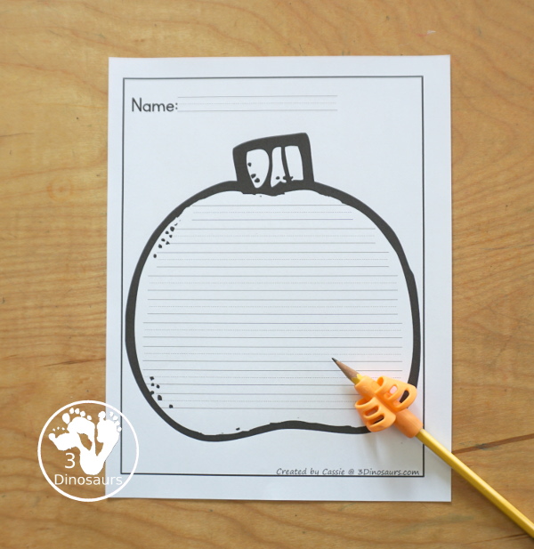 Free Pumpkin Shape Writing Paper Printable two pumpkin shape writing pages. You have a single line writing paper and guideline writing papers - 3Dinosaurs.com