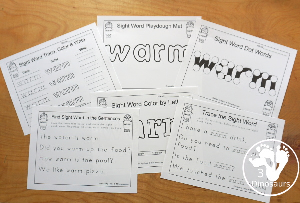 Free Romping & Roaring Third Grade Sight Words Packs Set 11: Warm - 6 pages of activities for each third Grade sight words: warm. These are great sight word printables for learning centers - 3Dinosaurs.com