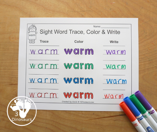 Free Romping & Roaring Third Grade Sight Words Packs Set 11: Warm - 6 pages of activities for each third Grade sight words: warm. These are great sight word printables for learning centers - 3Dinosaurs.com