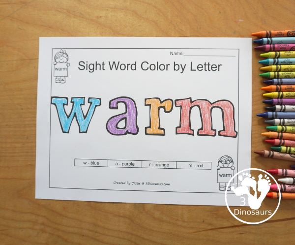 Free Romping & Roaring Third Grade Sight Words Packs Set 11: Warm - 6 pages of activities for each third Grade sight words: warm. These are great sight word printables for learning centers - 3Dinosaurs.com