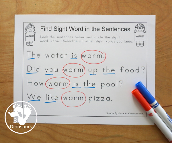 Free Romping & Roaring Third Grade Sight Words Packs Set 11: Warm - 6 pages of activities for each third Grade sight words: warm. These are great sight word printables for learning centers - 3Dinosaurs.com