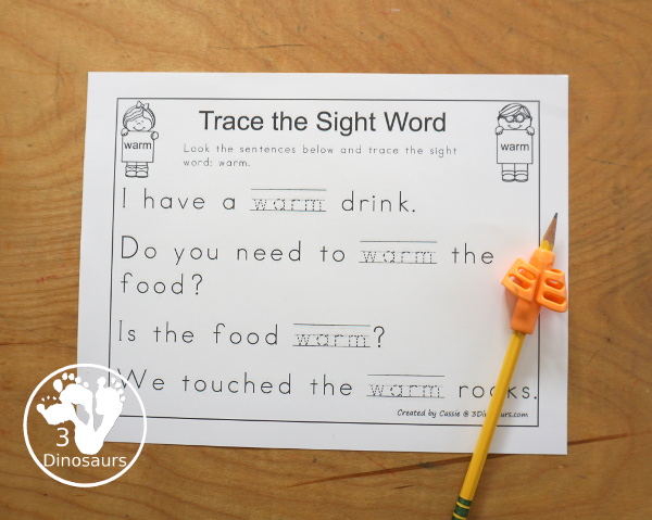 Free Romping & Roaring Third Grade Sight Words Packs Set 11: Warm - 6 pages of activities for each third Grade sight words: warm. These are great sight word printables for learning centers - 3Dinosaurs.com