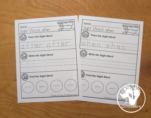 Sight Word Find & Trace Simple First Grade Printable - All 41 First Grade Sight Words - it has two lines of tracing the sight word and two lines of finding the sight words with simple and easy to use layout and not to much on the page to distract kids with examples of what they are doing for the sight word - 3Dinosaurs.com