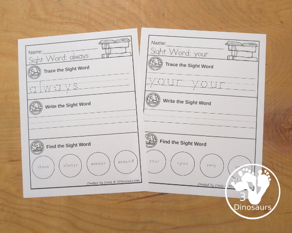 Sight Word Find & Trace Simple second Grade Printable - All 46 second Grade Sight Words - it has two lines of tracing the sight word and two lines of finding the sight words with simple and easy to use layout and not to much on the page to distract kids with examples of what they are doing for the sight word - 3Dinosaurs.com