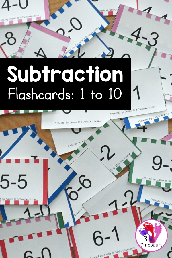 Free Subtraction Flashcards: 1 to 10 for kindergarten, first grade, and second grade with ways to use with and five color options - 3Dinosaurs.com