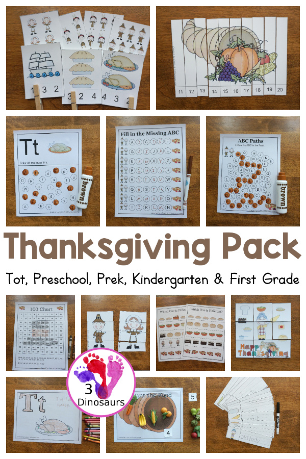 Free Thanksgiving Pack for Tot, Preschool, Kindergarten, First Grade - over 120 pages for the main pack and 29 pages in the Tot-Preschool Pack with a mix of hands-on and no-prep activities - 3Dinosaurs.com