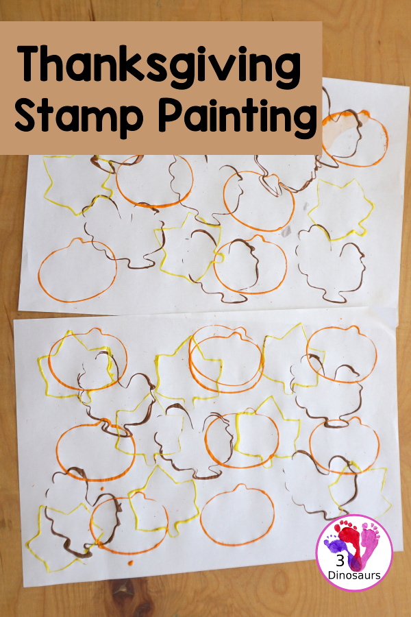 Thanksgiving Cookie Cutter Stamp Painting - with turkey, leaf and pumpkin stamp painting. This is a fun art that different ages can do together. A great process art that can be used as a placemat as well. - 3Dinosaurs.com