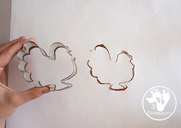 Thanksgiving Cookie Cutter Stamp Painting - with turkey, leaf and pumpkin stamp painting. This is a fun art that different ages can do together. A great process art that can be used as a placemat as well. - 3Dinosaurs.com