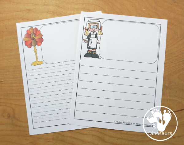 Free Thanksgiving Writing Paper: Turkey & Pilgrims - You type types of paper with two types of lines on the paper. You have your choice or paper with just lines and paper with lines and drawing area. - 3Dinosaurs.com