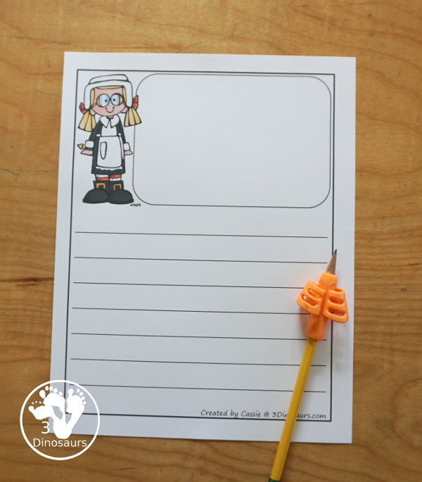 Free Thanksgiving Writing Paper: Turkey & Pilgrims - You type types of paper with two types of lines on the paper. You have your choice or paper with just lines and paper with lines and drawing area. - 3Dinosaurs.com