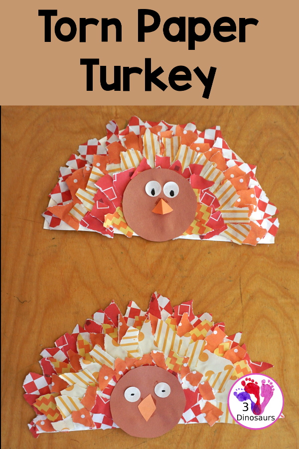 Torn Paper Turkey Craft For Thanksgiving - a fun torn paper craft you can make with kids. It is simple and easy to make - 3Dinosaurs.com