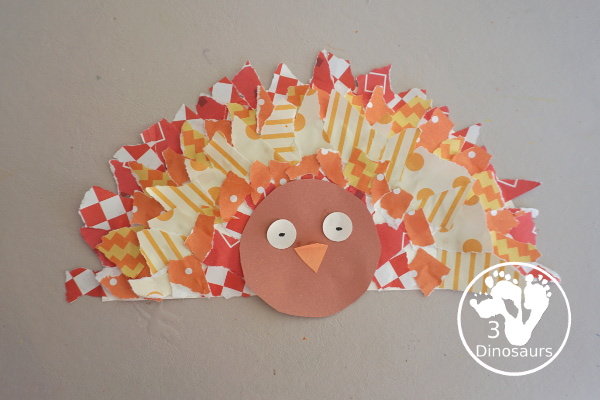 Torn Paper Turkey Craft For Thanksgiving - a fun torn paper craft you can make with kids. It is simple and easy to make - 3Dinosaurs.com