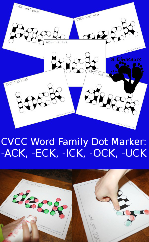 Free CVCC Word Family Dot Marker: -ACK, -ECK, -ICK, -OCK, -UCK - 3Dinosaurs.com