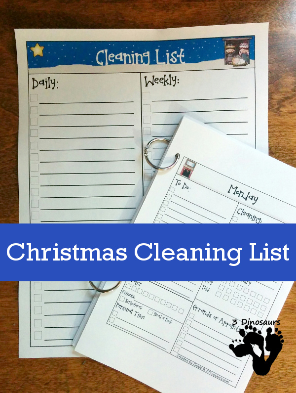 Free Monthly Cleaning Lists with 2 Christmas Themes  and December 2016 goals- 3Dinosaurs.com