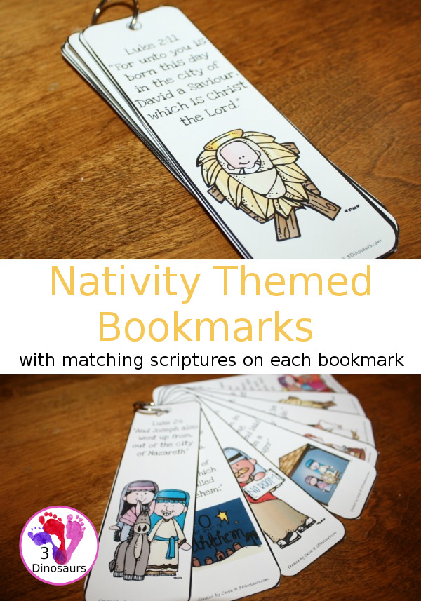 Free Nativity Themed Bookmarks - 8 different ones to pick from with matching scriptures telling the Nativity story for kids. - 3Dinosaurs.com