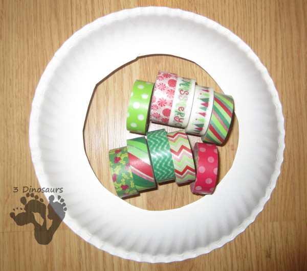 Super Easy Washi Tape Wreaths - a great way to make a wreath and work on fine motor - 3Dinosaurs.com