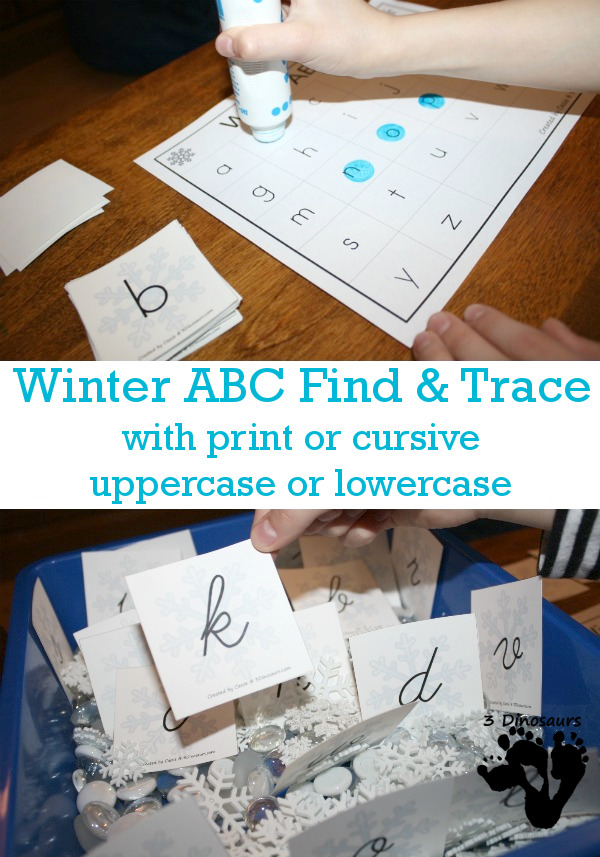 FREE Fun Winter Themed ABC Tracing for Print & Cursive - uppercase and lowercase options with cover the letter and tracing the letter - 3Dinosaurs.com