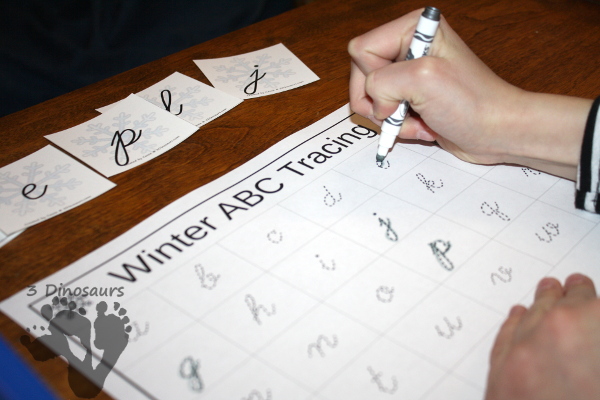 FREE Fun Winter Themed ABC Tracing for Print & Cursive - uppercase and lowercase options with cover the letter and tracing the letter - 3Dinosaurs.com