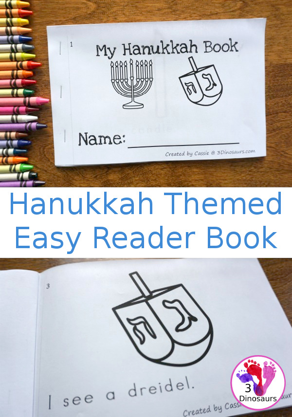 Free Hanukkah Themed Easy Reader Book - 8 page book with Hanukkah themed words - 3Dinosaurs.com #easyreaderbook #hanukkahforkids #freeprintables