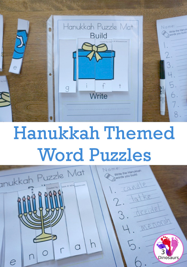 Free Hanukkah Themed Word Puzzles - 8 different Hanukkah themed word puzzles - 3Dinosaurs.com #freeprintable #hanukkahprintables #writingforkids