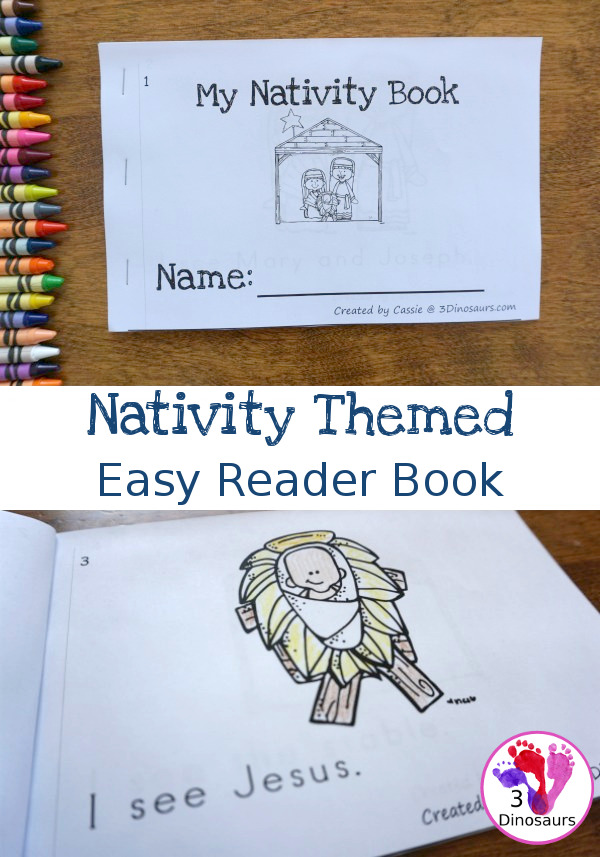 Free Nativity Easy Reader Book - 8 different Nativity themed words - 3Dinosaurs.com #freeprintable #nativity #christmasprintables #easyreaderbook