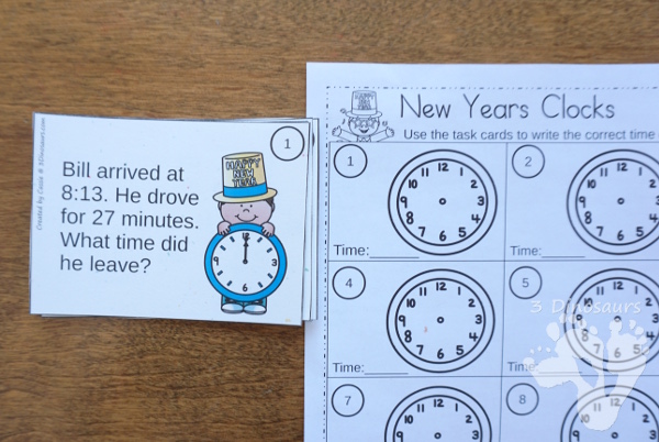 Free New Years Clock Task Cards -  2 levels of cards with matching worksheets. - 3Dinosaurs.com #printablesforkids #tellingtime #newyearsprintables #freeprintables